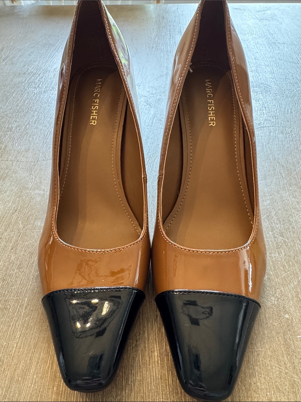 Marc Fisher Two-Tone Patent Square-Toe Pumps in Brown and Black